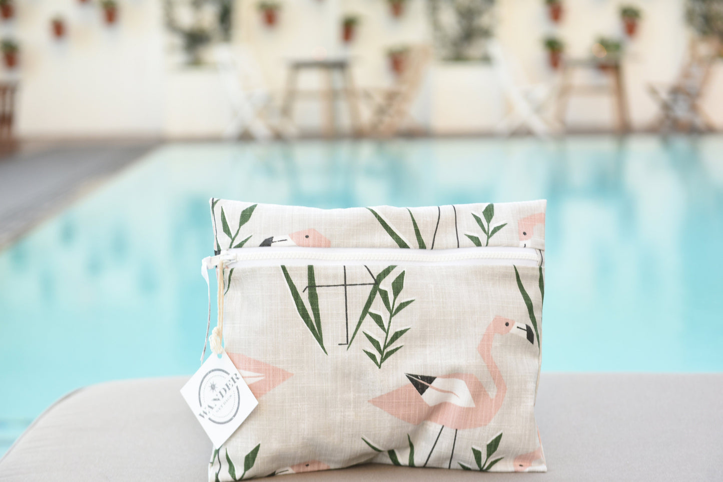 Be You in Flamingo Wet Bag, poolside